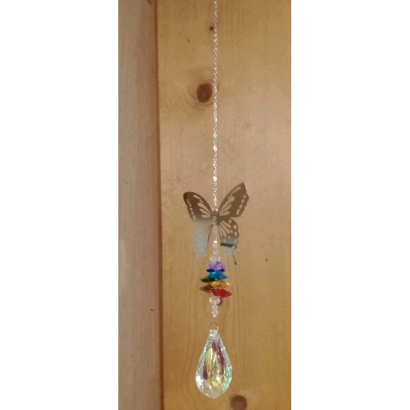 Silver Butterfly Iridescent Crystal Prism Colorful Sun Catcher Window Hanging - Picture 2 of 4